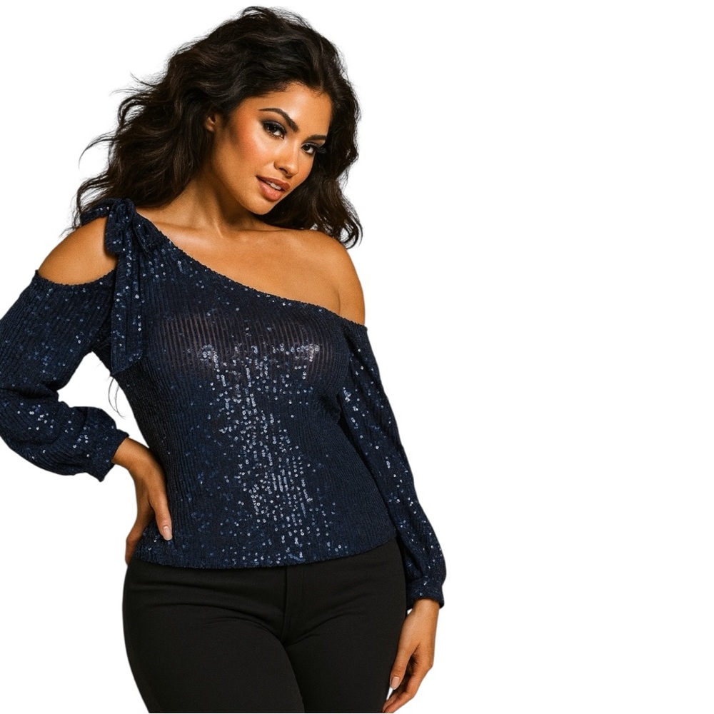 CeCe glamorous bows Navy Sequin Off-Shoulder cold Blouse sequence bling NWT Sz M - Picture 15 of 15